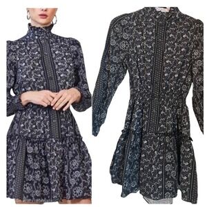 Hunter Bell Joplin Tiered Mini Dress Black Floral Stripe Size M Long Sleeve